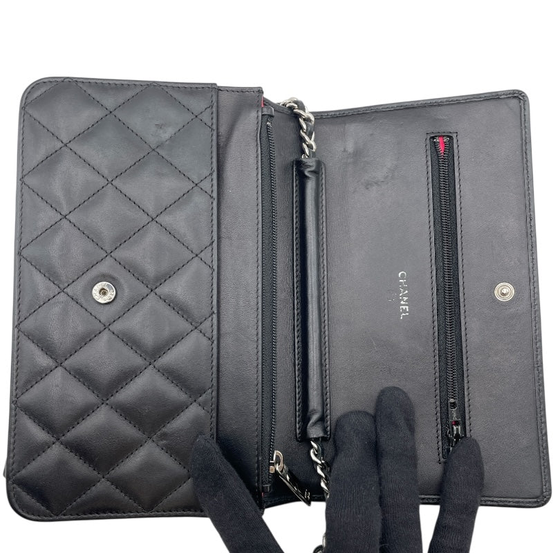 シャネル CHANEL カンボンラインチェーンウォレット A46646 18番台 ブラック　シルバー金具 ラムスキン レディース ウォレットチェーン