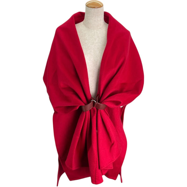 エルメス HERMES レザーベルト付カシミヤケープ レッド カシミヤ