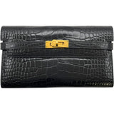 エルメス HERMES ケリーウォレット □Q刻 ブラック GD金具 アリゲーターリセ レディース 長財布