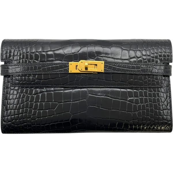 エルメス HERMES ケリーウォレット □Q刻 ブラック GD金具 アリゲーターリセ レディース 長財布