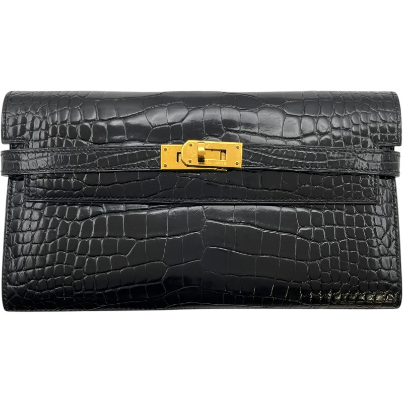 エルメス HERMES ケリーウォレット □Q刻 ブラック GD金具 アリゲーターリセ レディース 長財布