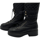 シャネル CHANEL CCマークレースアップレザーブーツ G37956 ブラック レザー レディース ブーツ