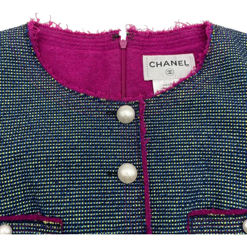 シャネル CHANEL ノーカラーツイードワンピース P45868 ブルー