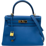 エルメス HERMES ケリー28 内縫い □O刻 ブルーゼリージュ トゴ レディース ショルダーバッグ