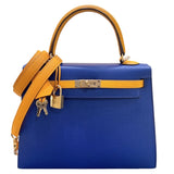 エルメス HERMES ケリー25 パーソナルオーダー A刻印 ブルーエレクトリック/ムタード GD金具 エプソン レディース ハンドバッグ