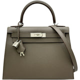 エルメス HERMES ケリー28 外縫い □Q刻印 エタン/シルバー金具 エプソン レディース ショルダーバッグ
