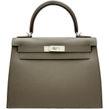 エルメス HERMES ケリー28 外縫い □Q刻印 エタン/シルバー金具 エプソン レディース ショルダーバッグ
