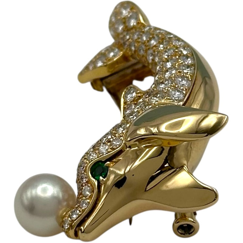 カルティエ　ダイヤ付き金色の葉型ブローチ カルティエ Cartier オルフィーブローチ ゴールド 750/パール