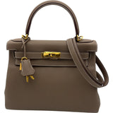 エルメス HERMES ケリー28 内縫い B刻 エトゥープ ゴールド金具 トゴ レディース ハンドバッグ