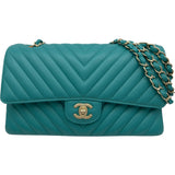 シャネル CHANEL Vステッチ チェーンショルダー A01166 23番台 ターコイズ ゴールド金具 ラム レディース ショルダーバッグ
