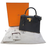 エルメス HERMES ケリー28　外縫い W刻印 ブラック・ゴールド金具 エプソン レディース ハンドバッグ