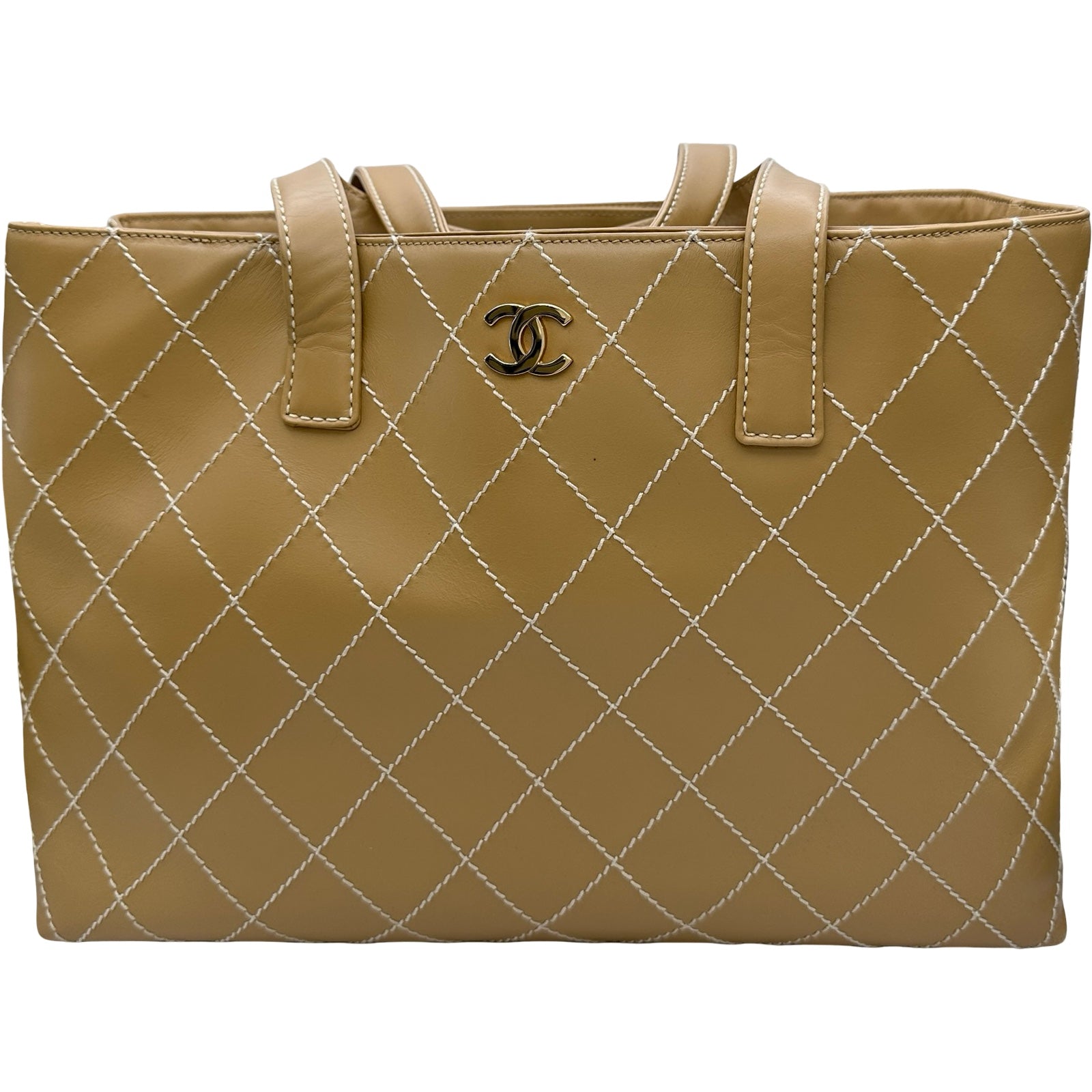 美品　CHANEL ワイルドステッチ ゴールド金具 チェーントートバッグ シャネル CHANEL ワイルドステッチトートバッグ 7番台 ベージュ GD金具