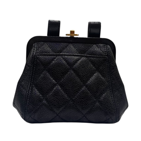 美品 シャネル レザー ウエストバッグ ココマーク マトラッセ ゴールド金具 黒 シャネル CHANEL マトラッセガマ口ウエストバッグ ブラック ゴールド