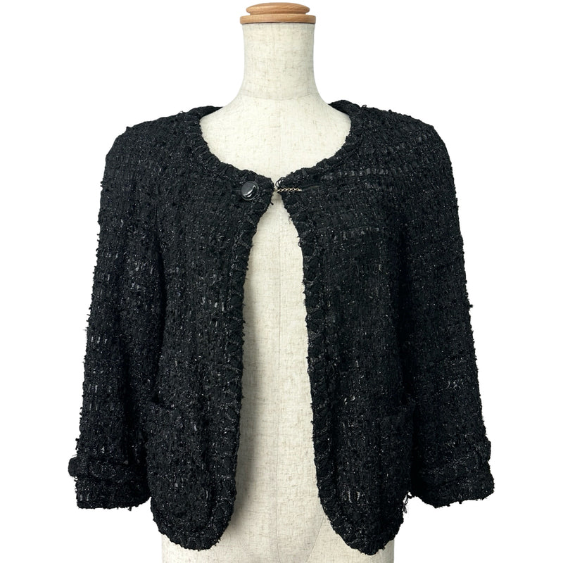 ミロクCHANEL ノーカラージャケット 44 シャネル CHANEL ノーカラーラメツイードジャケット P31656 ブラック