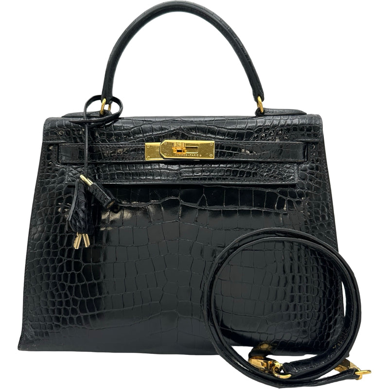 エルメス ブラック レザーハンドバッグ エルメス HERMES ケリー28 外縫い ○V刻印 ブラック ゴールド金具