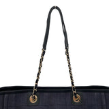 シャネル CHANEL ドーヴィルチェーントートＭＭ A67001 30番台 ネイビー ゴールド金具 ストロー/レザー レディース トートバッグ
