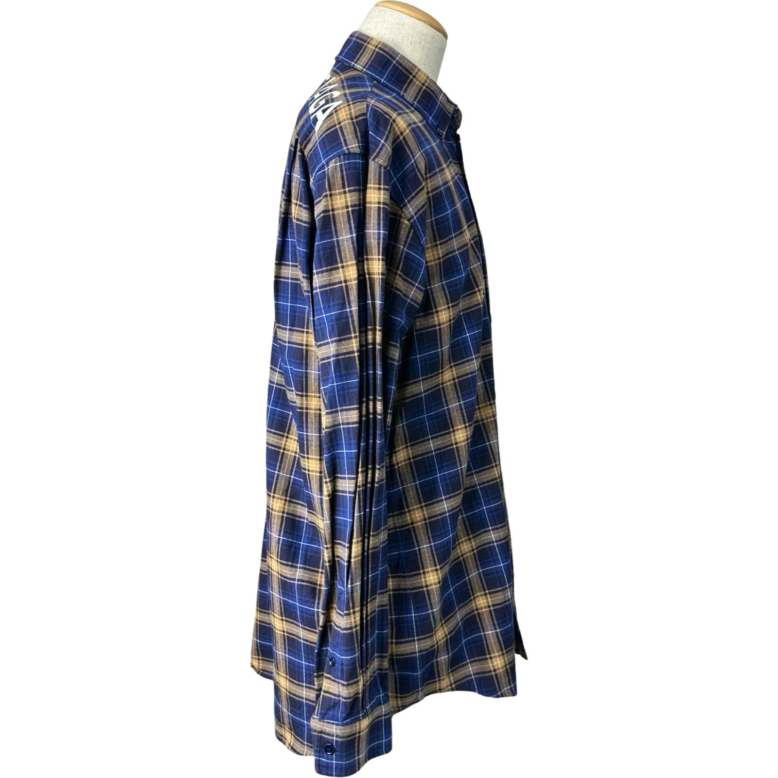 バレンシアガBALENCIAGA背中ロゴ入りチェックシャツブルー美中古37 バレンシアガ BALENCIAGA バックロゴチェック長袖シャツ 508465 ブルー