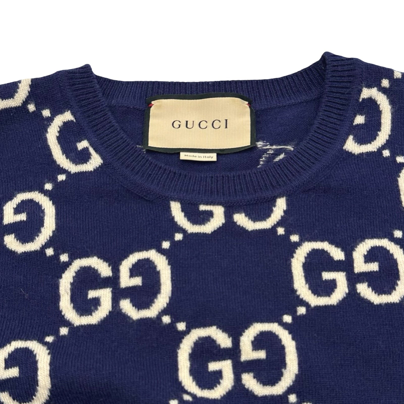 【未使用に近い】グッチ ニット ビー ウェブジャガード ウール セーター L 紺 グッチ GUCCI GGジャガードニットセーター 692900 ネイビー ウール