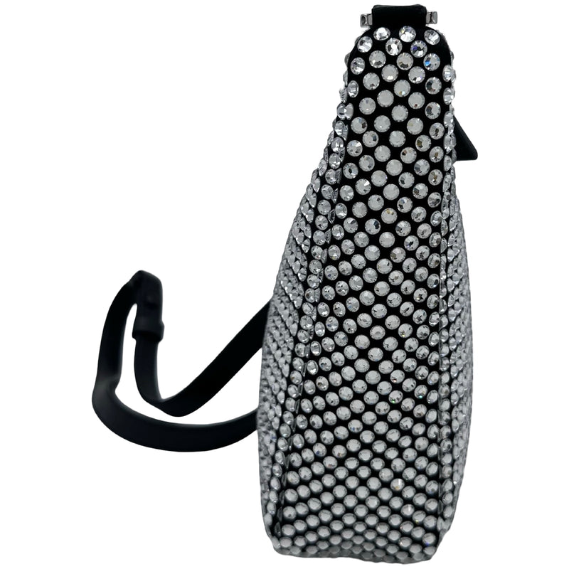 プラダ PRADA トライアングルロゴ ワンショルダー ブラック サテン・ラインストーン・レザー レディース ショルダーバッグ プラダ PRADA トライアングルロゴ ワンショルダー ブラック サテン