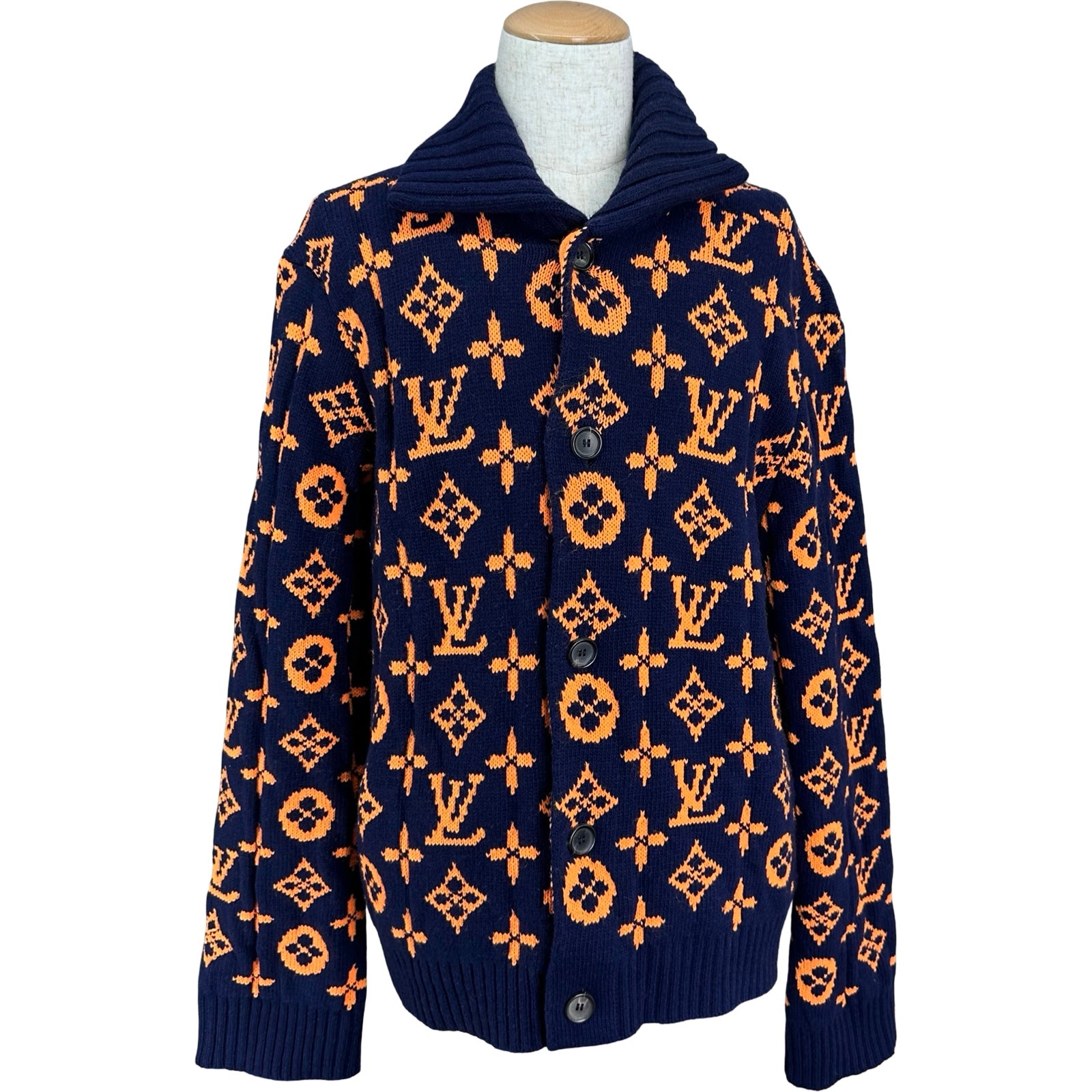 ルイ・ヴィトン LOUIS VUITTON モノグラム総柄ニットカーディガン HON46W ネイビー ウール メンズ カーディガン ルイ・ヴィトン LOUIS VUITTON モノグラム総柄ニットカーディガン