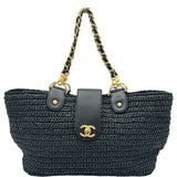 シャネル CHANEL ココマークチェーントート 10番台 ネイビー ゴールド金具 ラフィア レディース トートバッグ