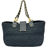 シャネル CHANEL ココマークチェーントート 10番台 ネイビー ゴールド金具 ラフィア レディース トートバッグ