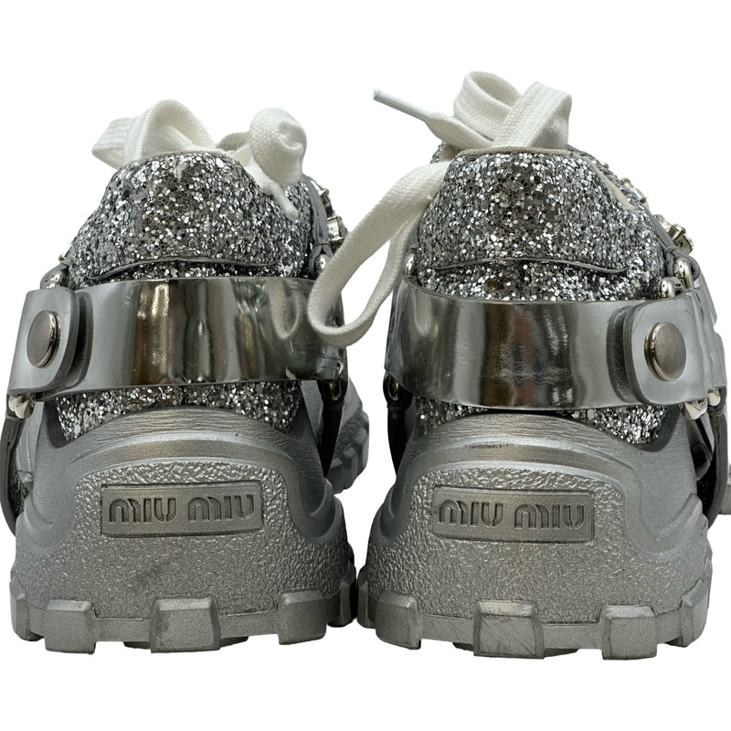 ミュウミュウ miu miu グリッタープラットフォームスニーカー シルバー