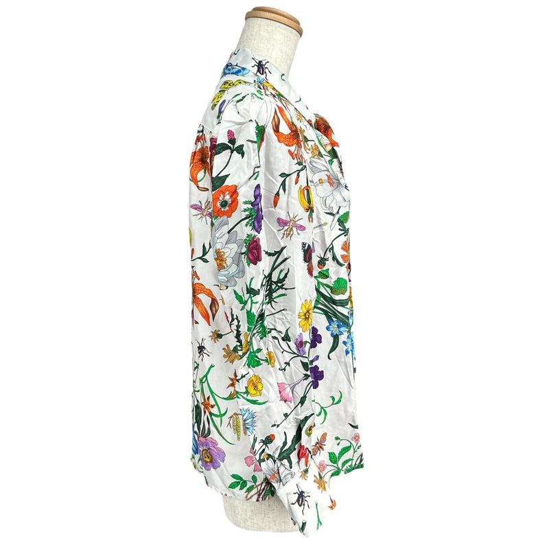 【美品】GUCCI グッチ フローラルシルクシャツ 総柄 春夏 白 青 XS グッチ GUCCI フローラル総柄ボウタイシルクブラウス 865715 マルチ