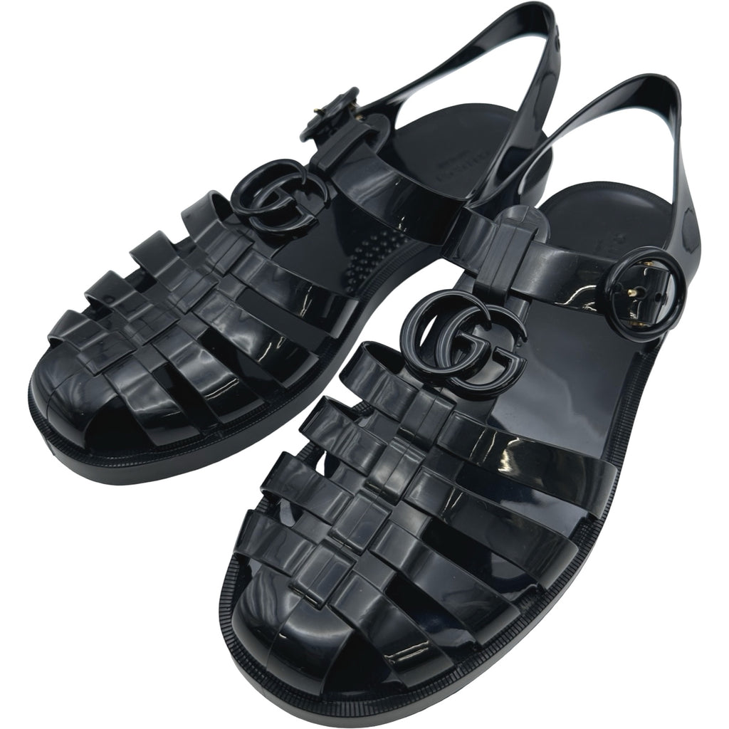 グッチ GUCCI GGバックルフィッシャーマンサンダル ブラック エナメル