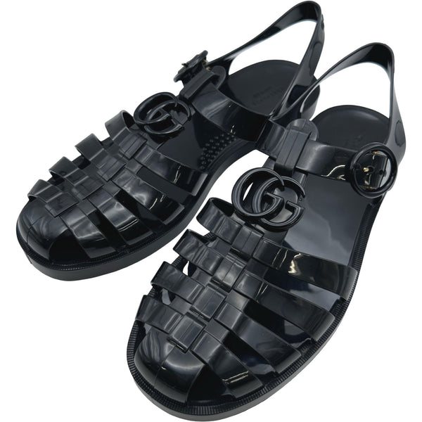 グッチ GUCCI GGバックルフィッシャーマンサンダル ブラック エナメル
