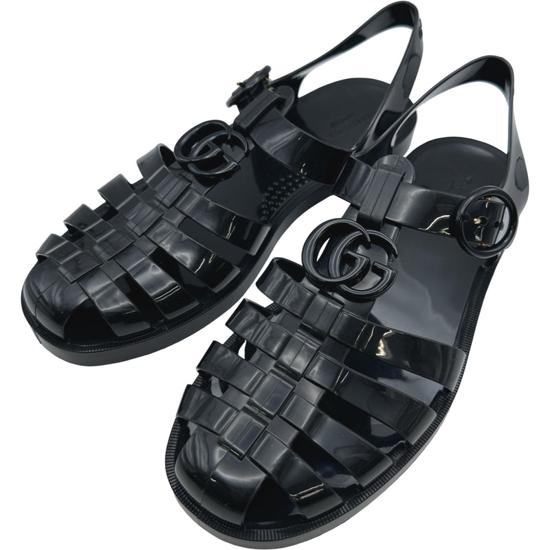 グッチ GUCCI GGバックルフィッシャーマンサンダル ブラック エナメル