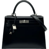 エルメス HERMES ケリー28 外縫い W刻 ブラック シルバー金具 ボックスカーフ レディース ショルダーバッグ