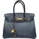 エルメス HERMES バーキン30 コントゥール X刻印 ブルーインディゴ・ルージュアッシュ ゴールド金具 エプソン レディース ハンドバッグ