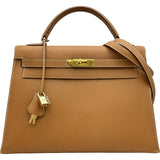 エルメス HERMES ケリー32 外縫い 〇V刻印 ナチュラル ゴールド金具 ボックスカーフ レディース ショルダーバッグ