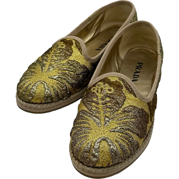 プラダ PRADA 花柄フラットシューズ ゴールド ジャガード レディース