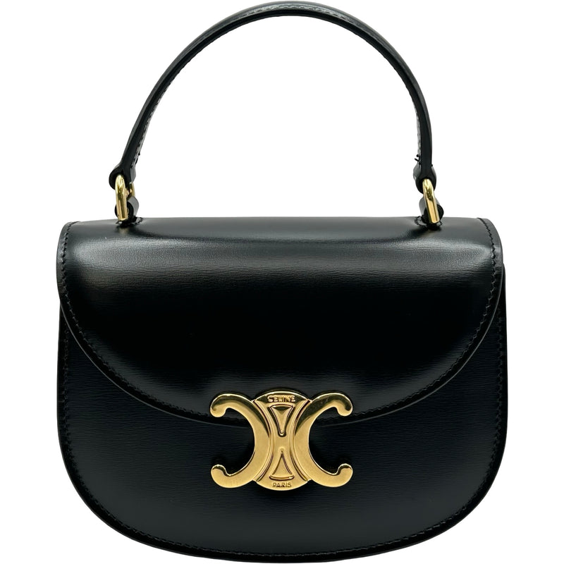 美品　セリーヌ　オーストリッチレザー　ショルダーバッグ　ハンド　ゴールド金具 セリーヌ CELINE ミニブザス ハンドバッグ 10L063 ブラック レザー