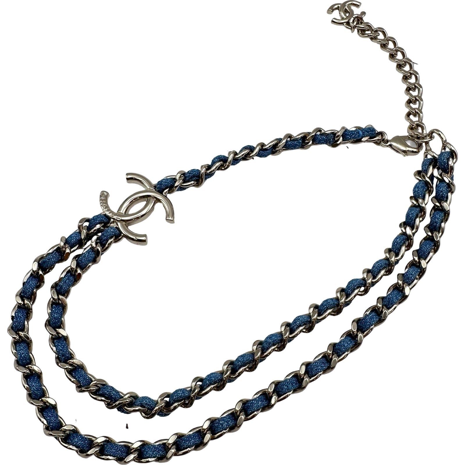 シャネル CHANEL チェーンネックレス ブルー シルバー金具 デニム