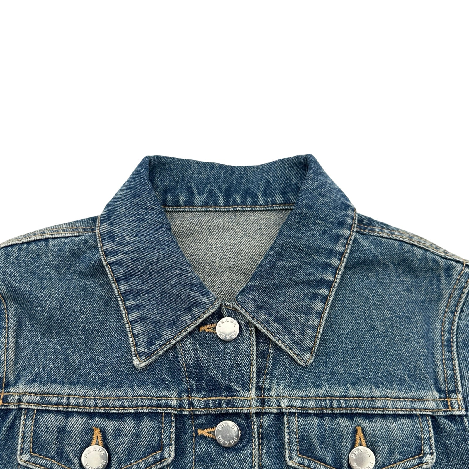PRADA - プラダ PRADA デニムジャケット 衣料品 アウター コットン レディース ブルー系 GFB316 【中古】 プラダ PRADA トライアングルロゴ半袖デニムジャケット GFB316 ブルー