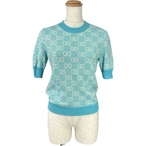 値下げ中GUCCI GG柄 ニットトップス 半袖リバーシブル アイボリー ブラッ グッチ GUCCI GG総柄ショートスリーブ ニットトップス 629456 ブルー