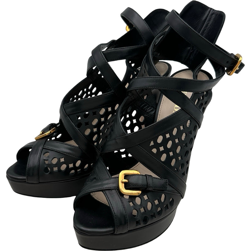 プラダ PRADA メッシュレザーヒールサンダル 1AH0ED ブラック レザー