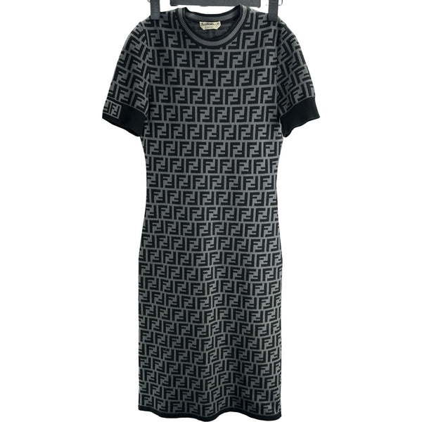 FENDI フェンディ ワンピース ドレス フリル グレー 40 L ウール フェンディ FENDI FF総柄ニットワンピース FZD753 グレー レーヨン