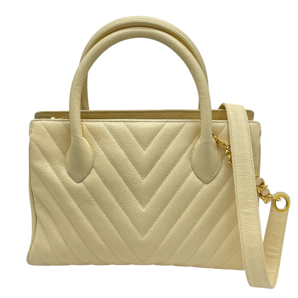 シャネル CHANEL Vステッチハンドバッグ 7桁23番台 クリーム ゴールド