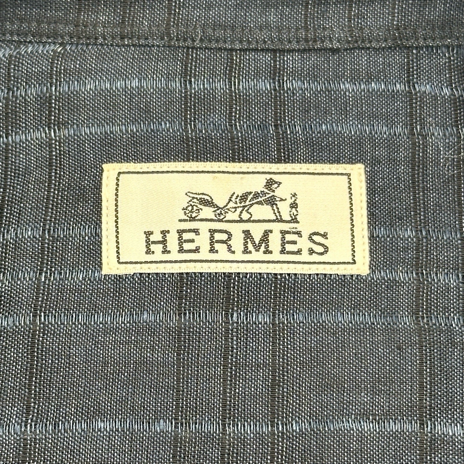 エルメス HERMES チェック柄長袖リネンシャツ ネイビー リネン メンズ