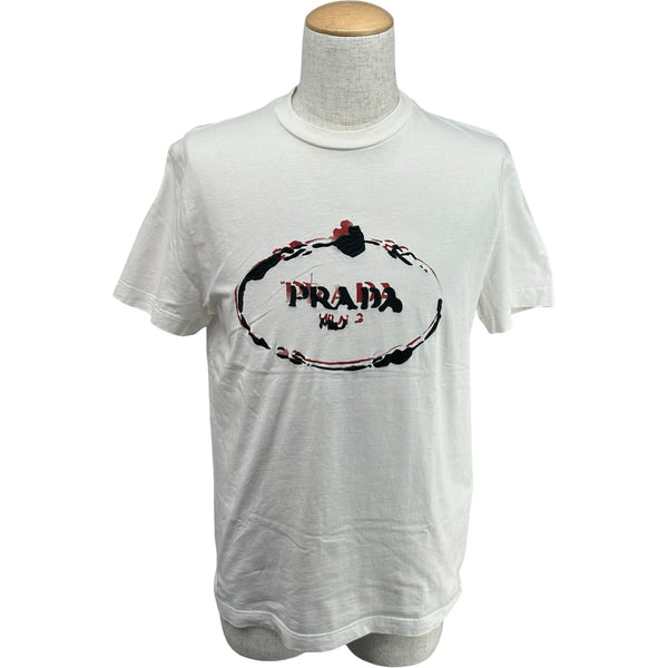 PRADA プラダ 刺繍ロゴ Tシャツ ホワイト XS 半袖 カットソートップス プラダ PRADA ロゴ刺繍半袖Tシャツ UJN555 ホワイト コットン メンズ