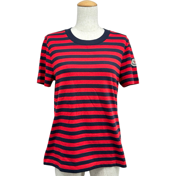 ​【美品】モンクレール ボーダー カットソー ロンT ワッペン レディース S モンクレール MONCLER ロゴワッペンボーダー半袖Tシャツ レッド
