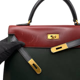 エルメス HERMES ケリー32 外縫い トリコロール □B刻印 ブルーインディゴ/ヴェール/ルージュアッシュ/ゴールド金具 ボックスカーフ レディース ショルダーバッグ