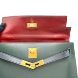 エルメス HERMES ケリー32 外縫い トリコロール □B刻印 ブルーインディゴ/ヴェール/ルージュアッシュ/ゴールド金具 ボックスカーフ レディース ショルダーバッグ