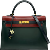 エルメス HERMES ケリー32 外縫い トリコロール □B刻印 ブルーインディゴ/ヴェール/ルージュアッシュ/ゴールド金具 ボックスカーフ レディース ショルダーバッグ