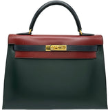 エルメス HERMES ケリー32 外縫い トリコロール □B刻印 ブルーインディゴ/ヴェール/ルージュアッシュ/ゴールド金具 ボックスカーフ レディース ショルダーバッグ