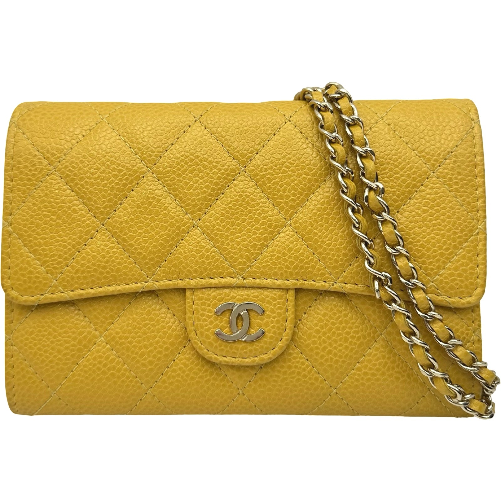 CHANEL シャネル 長財布 イエロー マトラッセ シャネル CHANEL マトラッセチェーンウォレット イエロー ゴールド金具